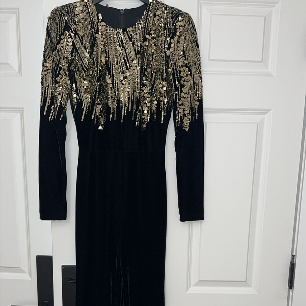 NADINE MERABI Black Velvet Jumpsuit with Gold Detailing